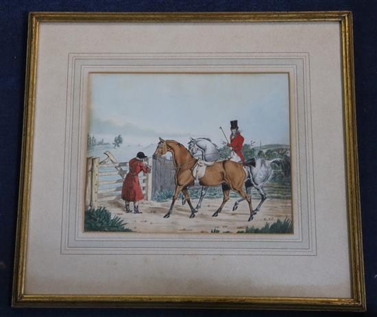 Attributed to Henry Alken (1785-1851) Taking a fence and Opening a gate, 7.25 x 9.25in & 8.75 x 10.75in.